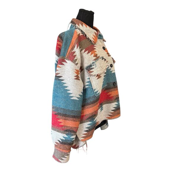 La Miel  Blanket Shirt Jacket Boho Southwest Aztec Shacket Distressed - Picture 4 of 10